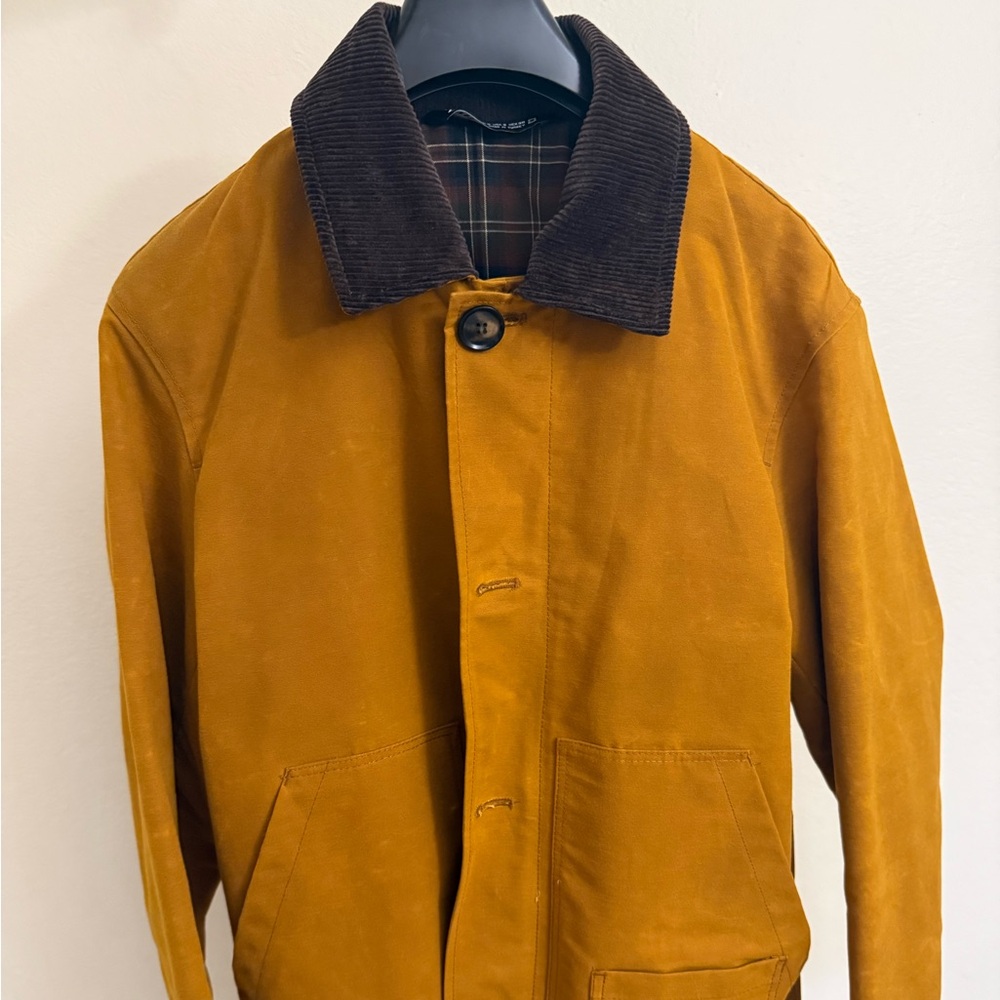 Zara Men's Mustard Jacket with Dark Brown Corduroy Collar